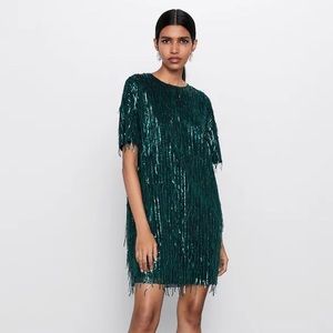 Zara Fringed Sequin Mini Dress in Emerald Green | Size Large
